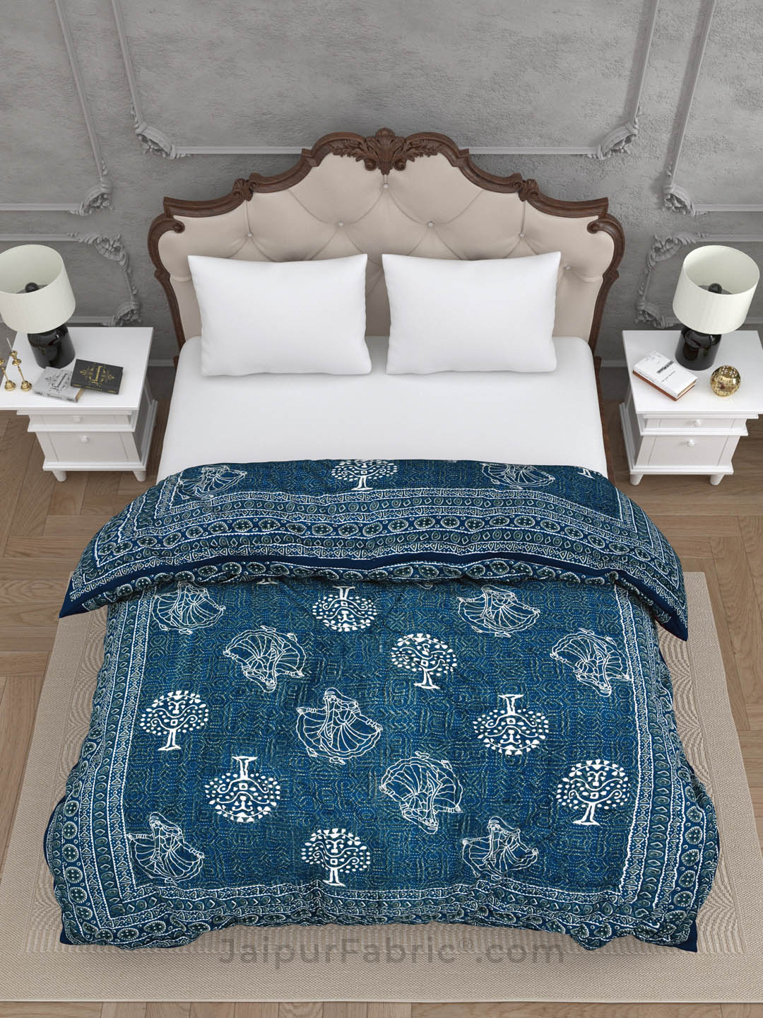 Jaipuri Rajai Daabu Ghoomar 300GSM Fine Cotton Blue Double Bed Quilt