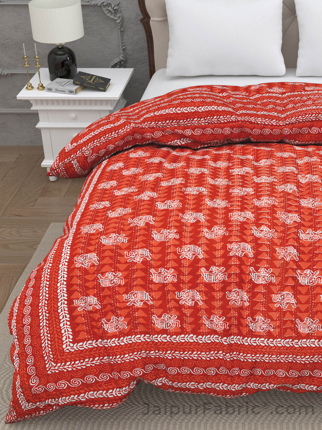 Jaipuri Rajai Daabu Traditional Print 300GSM Fine Cotton Red Double Bed Quilt