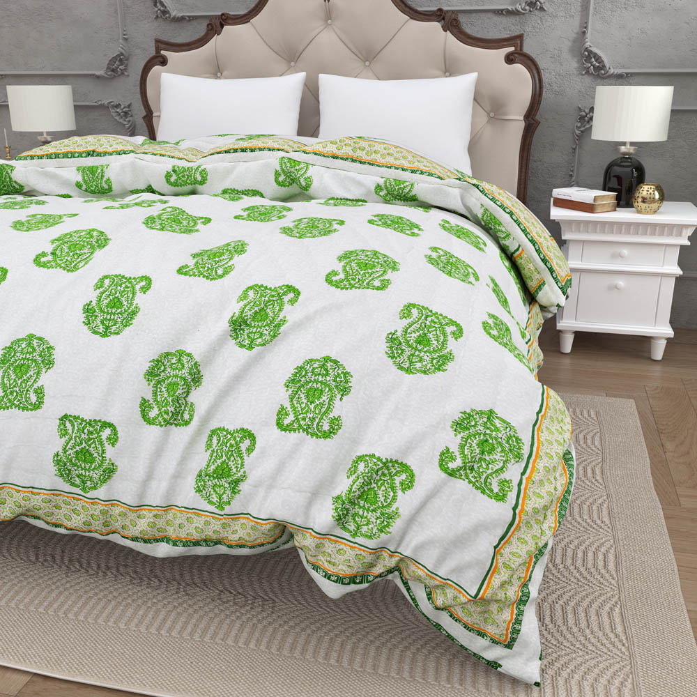 Traditional Green Boota Jaipuri  Double Bed Quilt