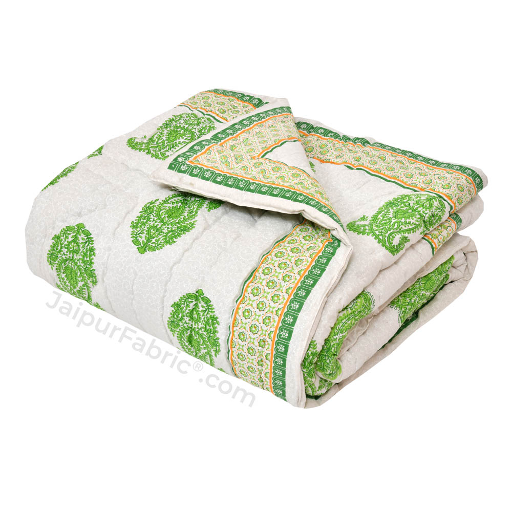 Traditional Green Boota Jaipuri  Double Bed Quilt