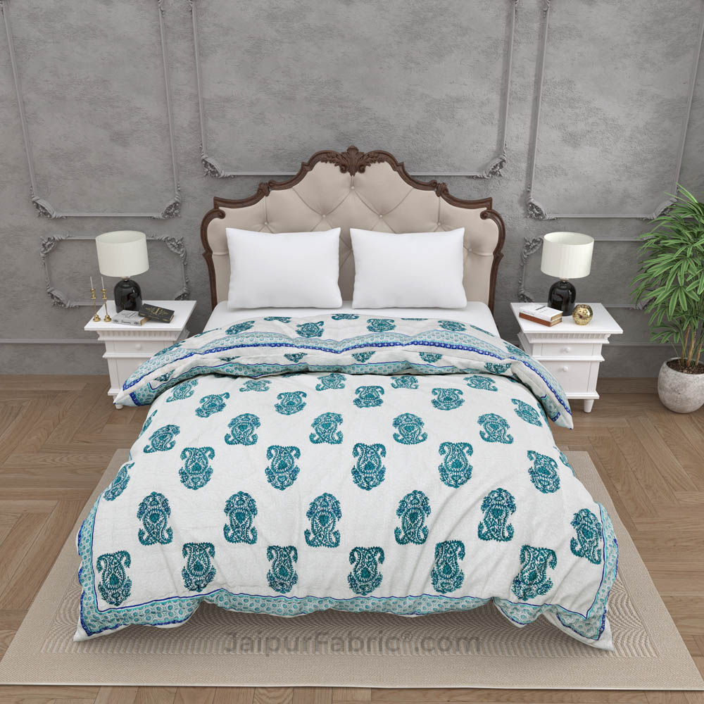 Traditional Sea Green Boota Jaipuri  Double Bed Quilt