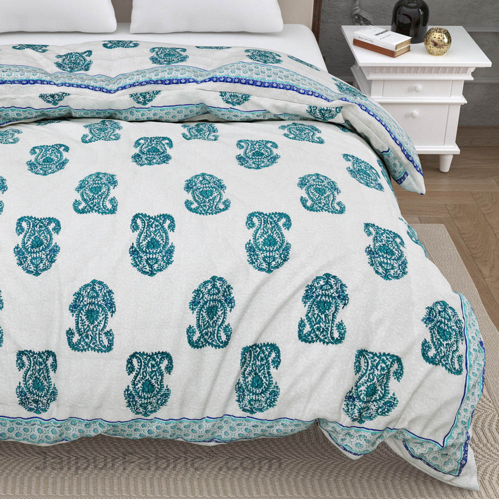 Traditional Sea Green Boota Jaipuri  Double Bed Quilt