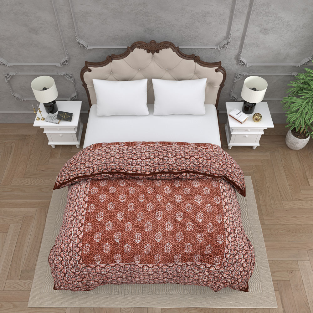 Jaipuri Rajai Daabu Traditional Print 300GSM Fine Cotton Brick Red Double Bed Quilt