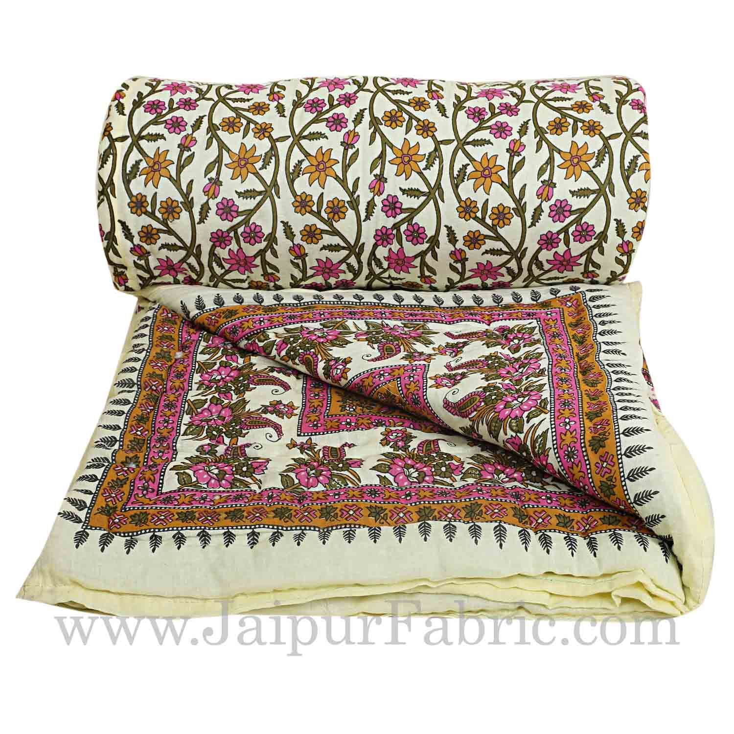Jaipur Razai  Cream Base Elephant Design Mughal Print