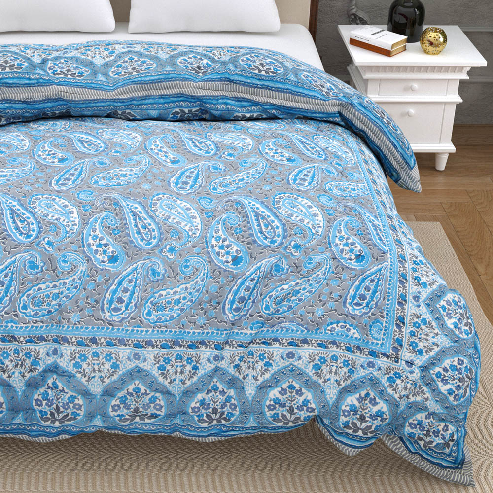 JaipurFabric® Paisley Blue Premium Cotton Double Bed Quilt