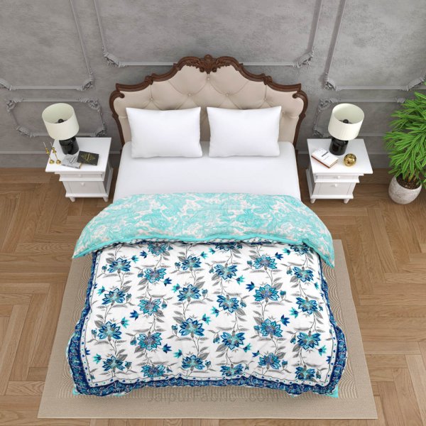 JaipurFabric® Blooming Dale Blue Premium Cotton Double Bed Quilt