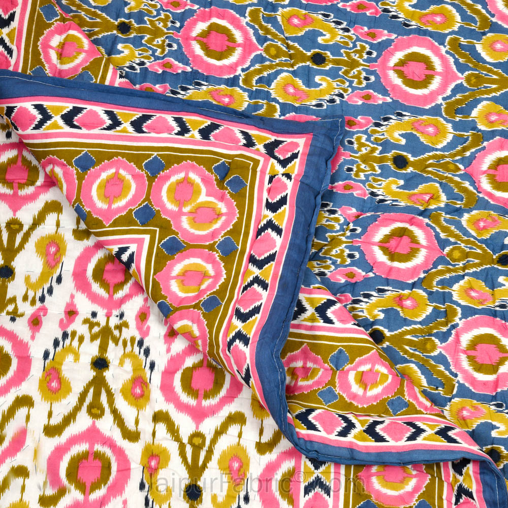 JaipurFabric® Lush Pink Blue Ikat Premium Cotton Double Bed Quilt