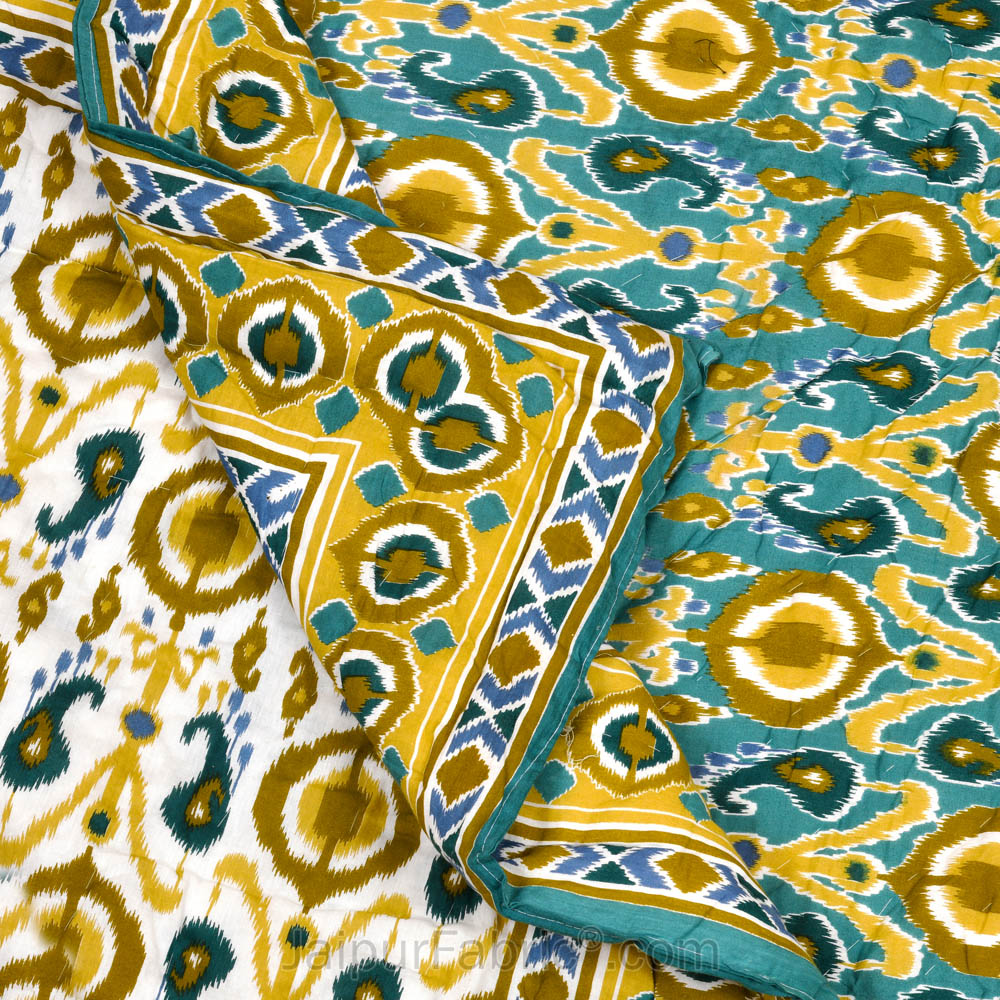 JaipurFabric® Lush Green Ikat Premium Cotton Double Bed Quilt