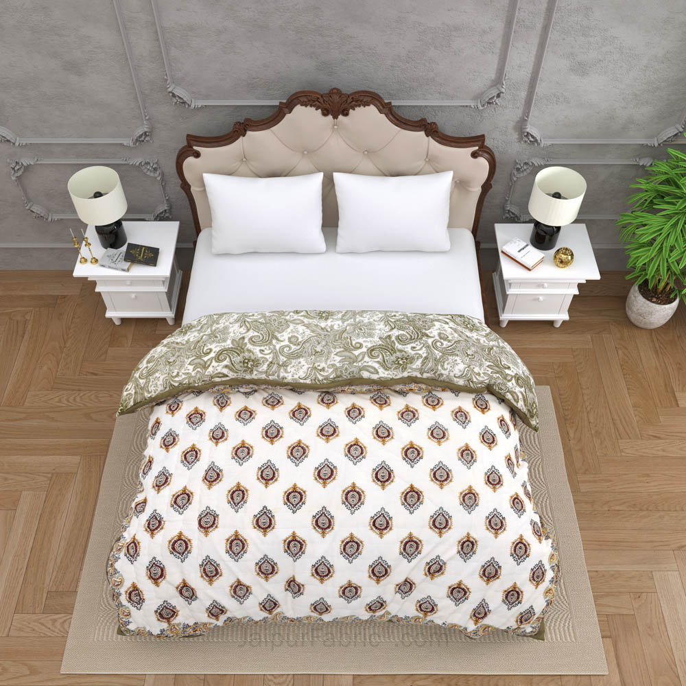 JaipurFabric® Booti Block Print Greenish Premium Cotton Double Bed Quilt