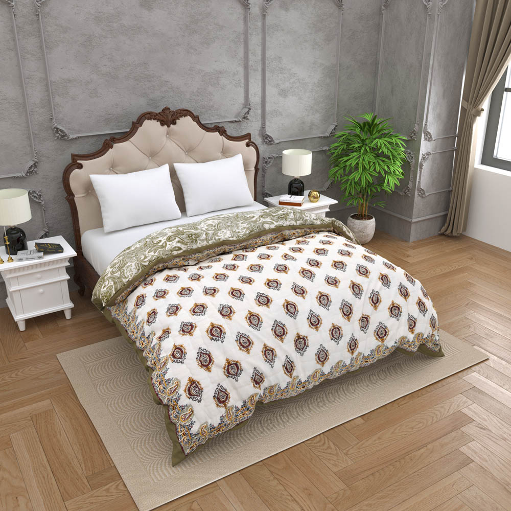 JaipurFabric® Booti Block Print Greenish Premium Cotton Double Bed Quilt