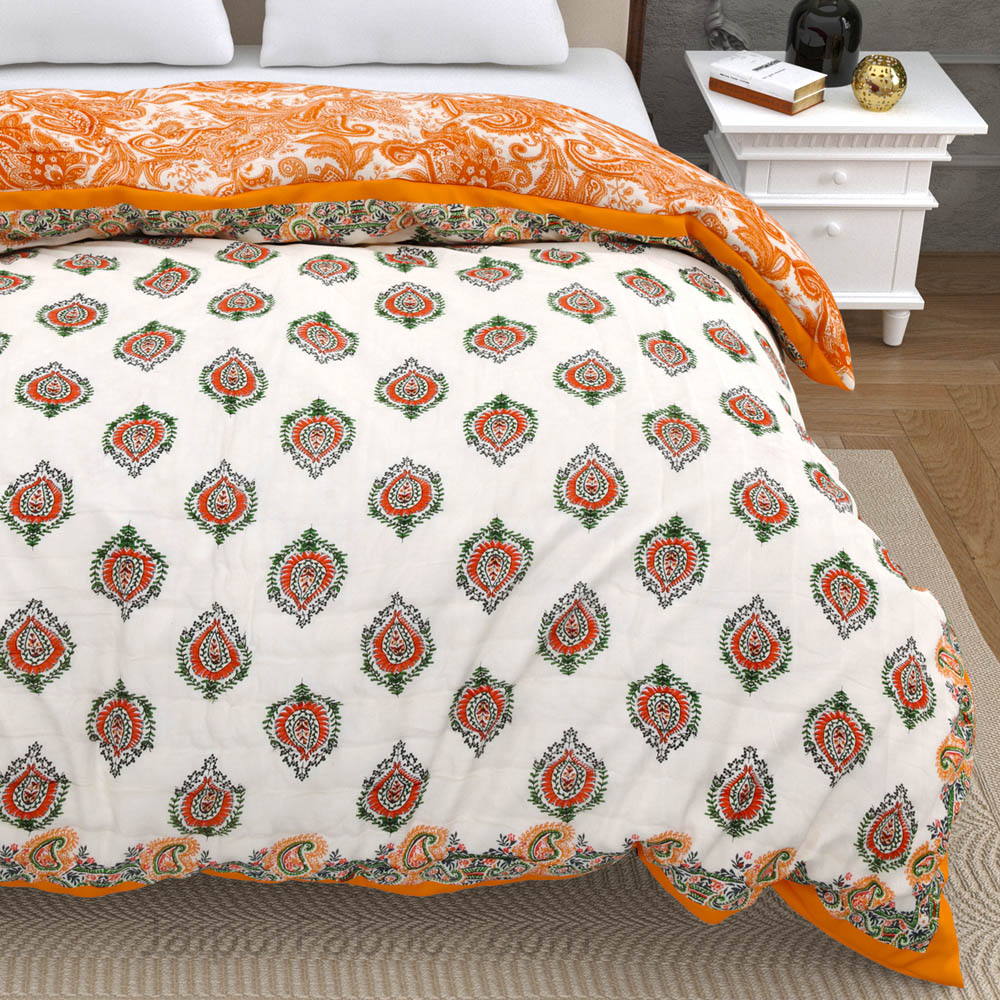 JaipurFabric® Booti Block Print Peachy Premium Cotton Double Bed Quilt