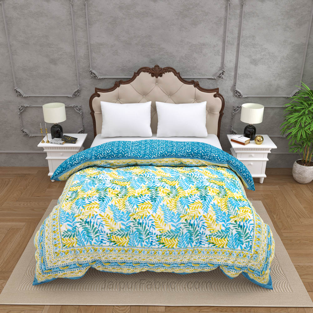 JaipurFabric® Timber Blue Yellow Premium Cotton Double Bed Quilt