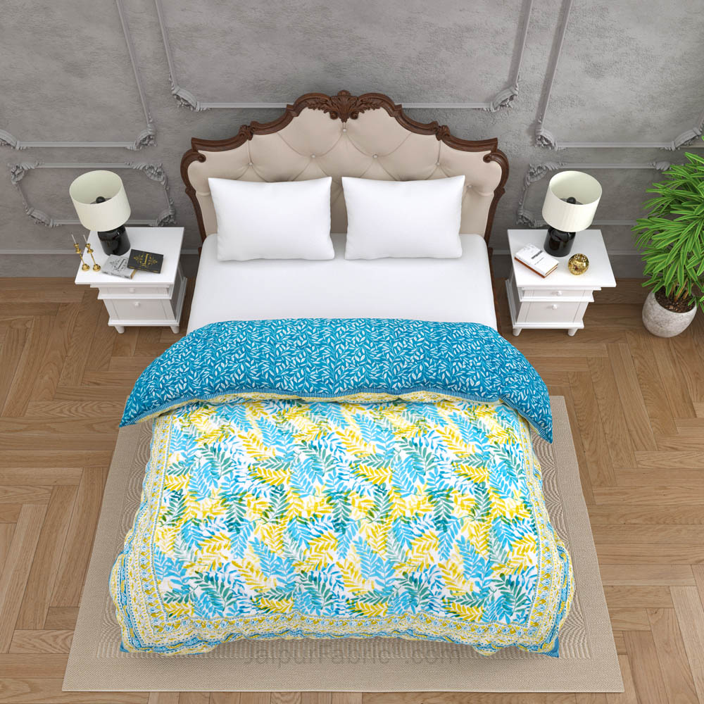 JaipurFabric® Timber Blue Yellow Premium Cotton Double Bed Quilt