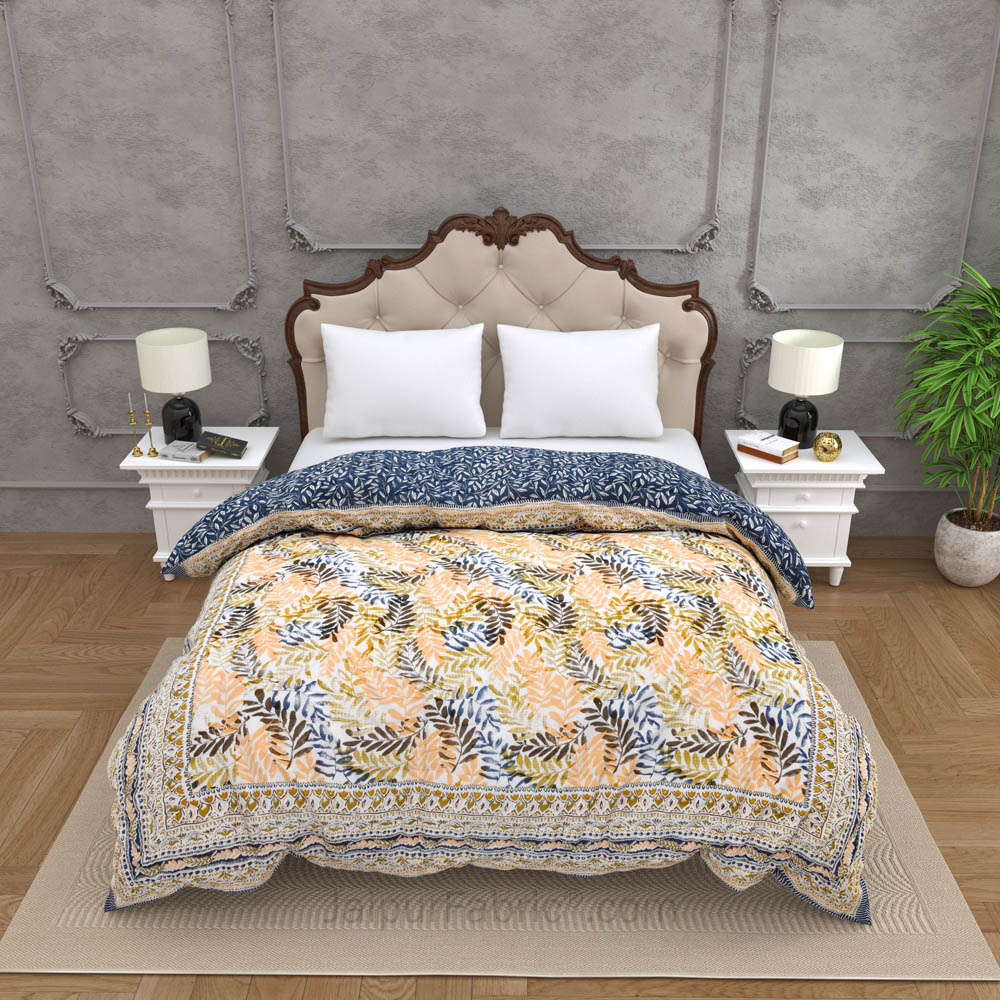JaipurFabric® Timber Grey Mustard Premium Cotton Double Bed Quilt