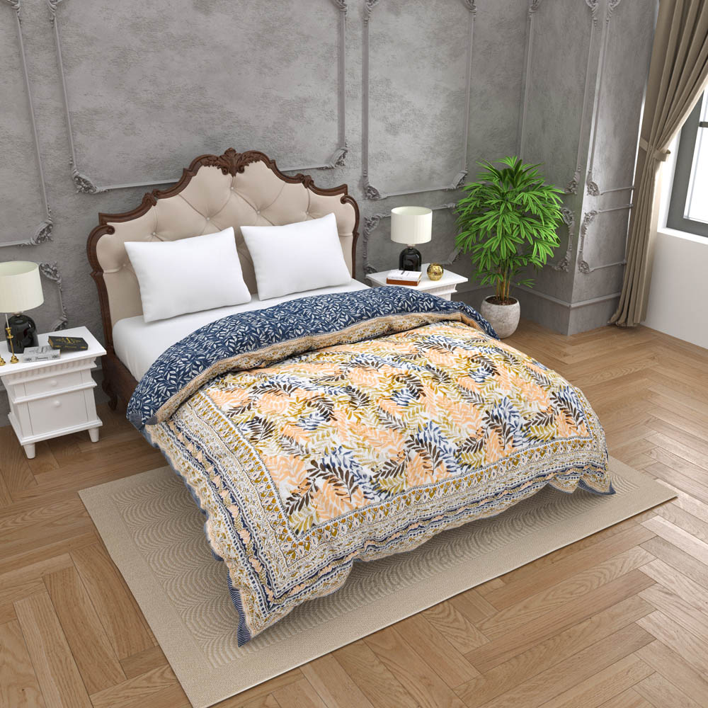 JaipurFabric® Timber Grey Mustard Premium Cotton Double Bed Quilt