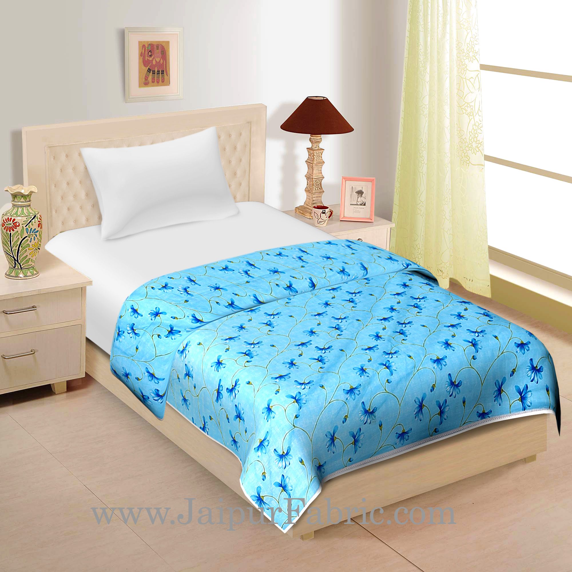 Turquoise Blue Floral Print Cotton Single Bed Size Dohar