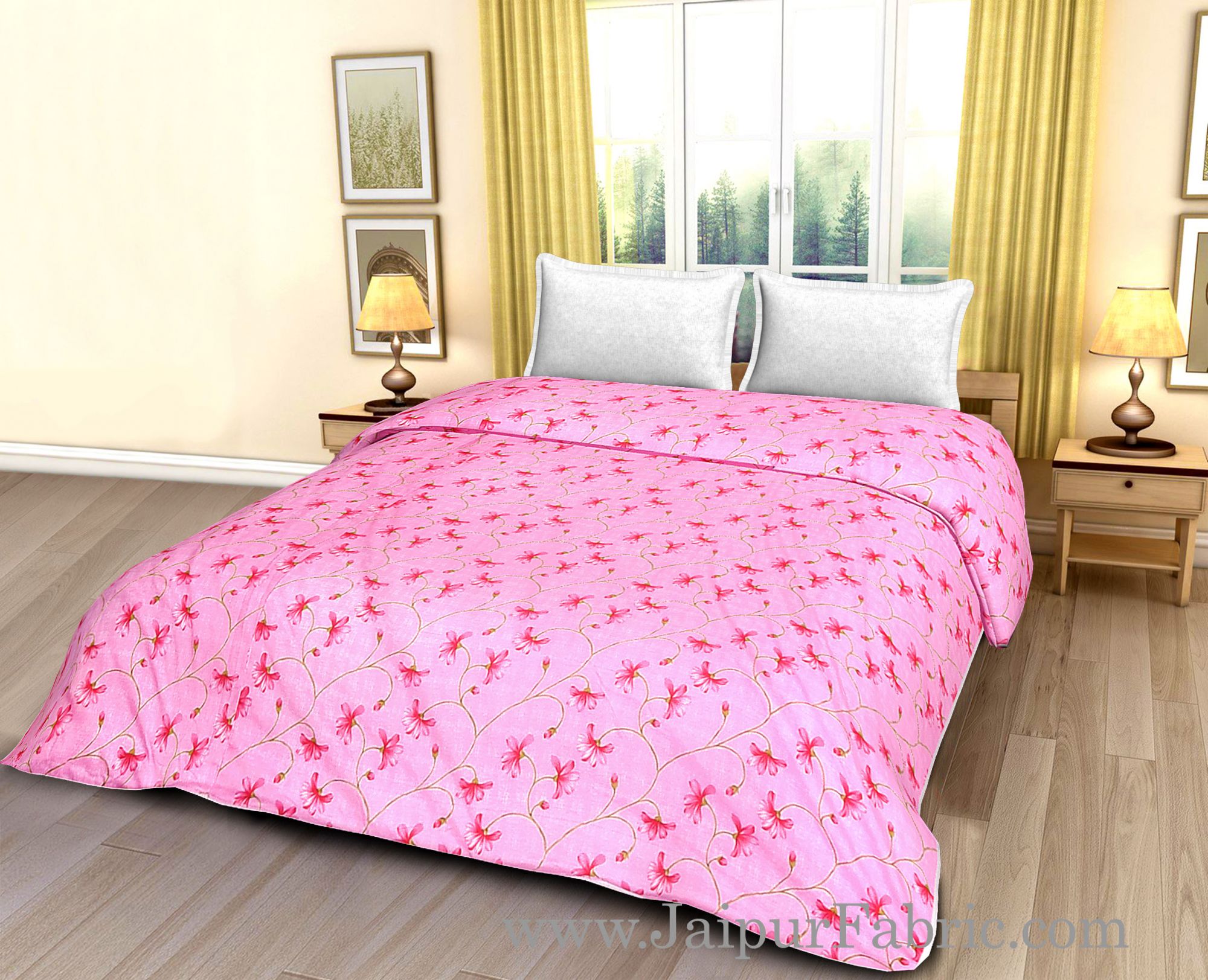 Pink Base Red Floral Print Double Bed Dohar