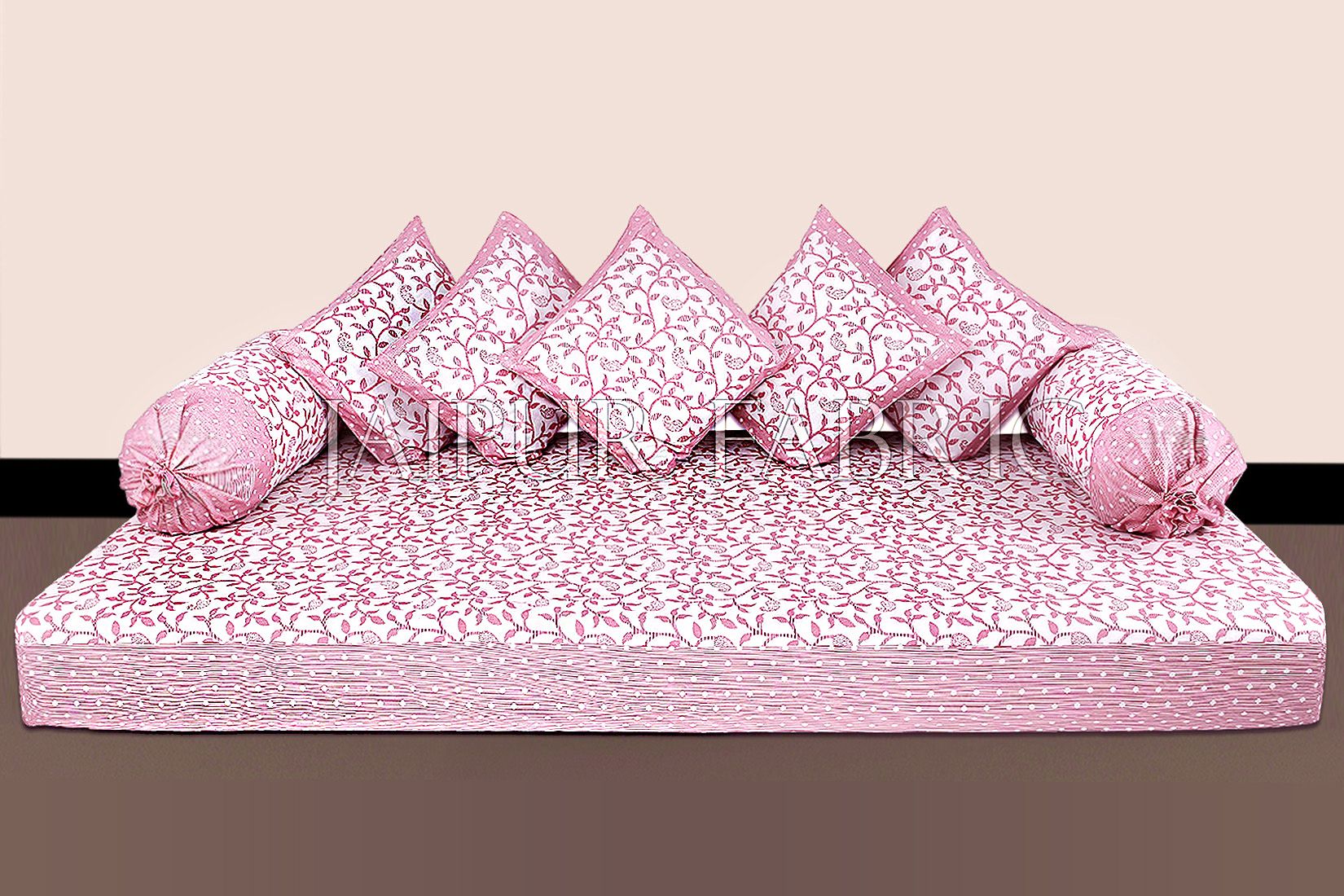 Pink Polka Dots Border and Leaf Print Cotton Diwan Set