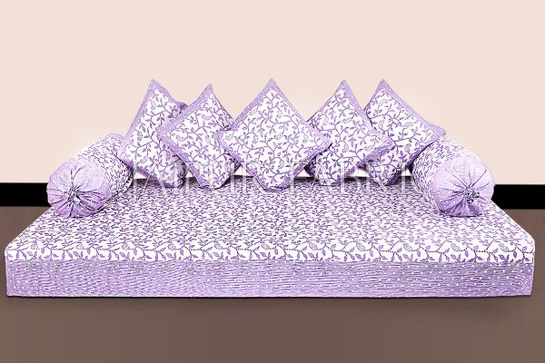 Purple Polka Dots Border and Leaf Print Cotton Diwan Set