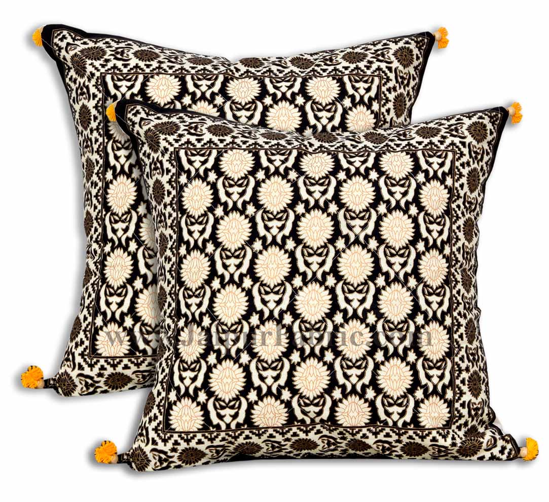 Black Base Cream Flower With Golden Print  Cotton Cushion Cover