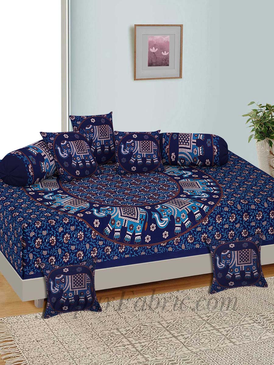 Blue Elephant Print Pure Cotton Bohemian Mandala Diwan Set