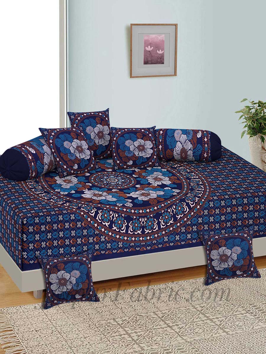 Blue Floral Print Pure Cotton Bohemian Mandala Diwan Set