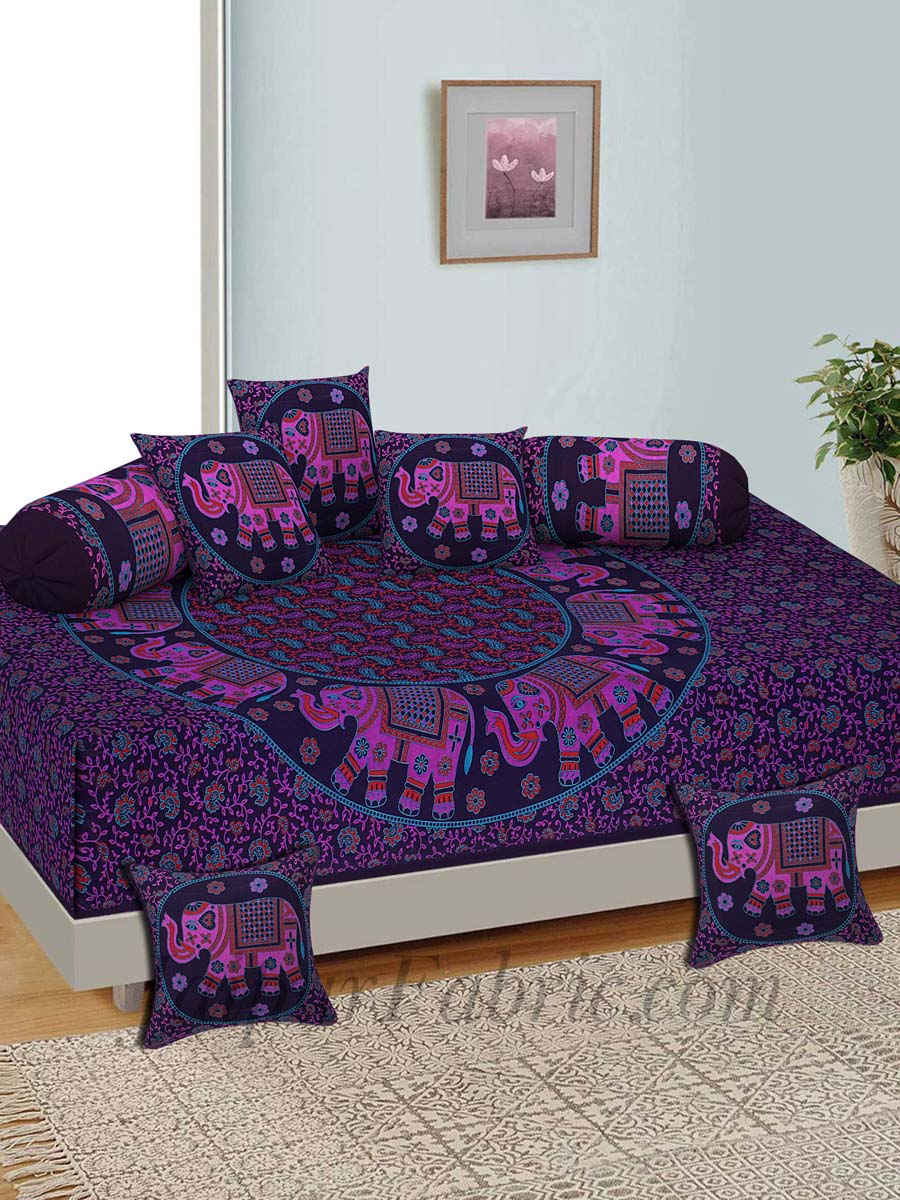 Purple Elephant Print Pure Cotton Bohemian Mandala Diwan Set