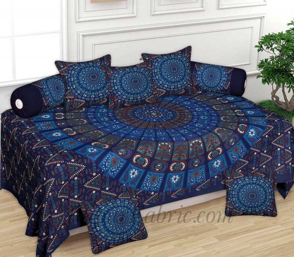Blue Zigzag Print Pure Cotton Bohemian Mandala Diwan Set