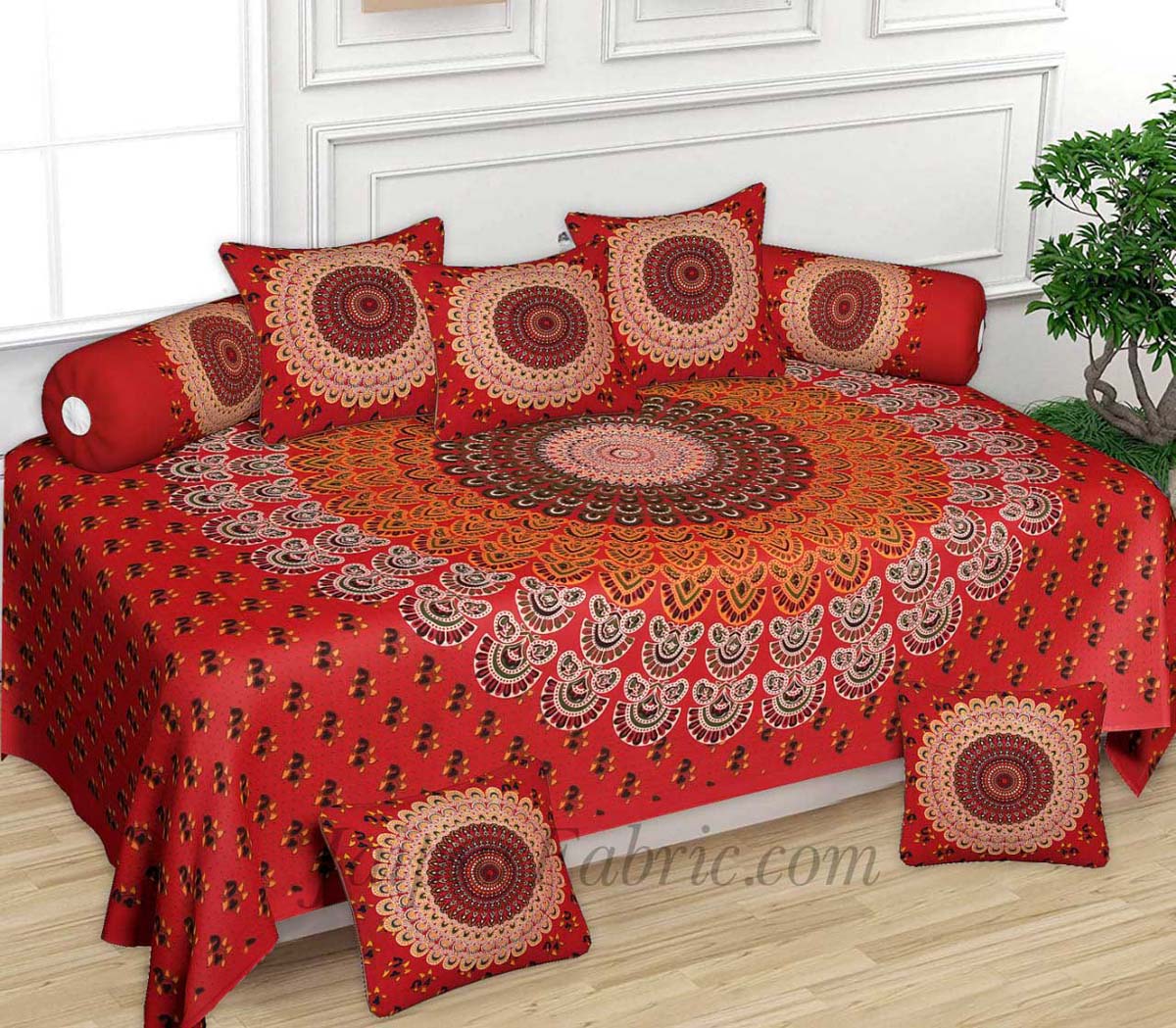 Red Leafy Print Pure Cotton Bohemian Mandala Diwan Set