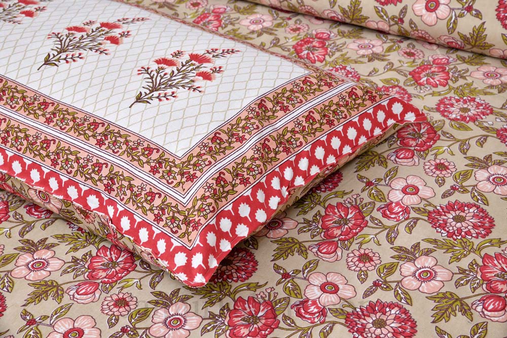 Floral Bouquette Red Boota Border Pure Cotton Double BedSheet