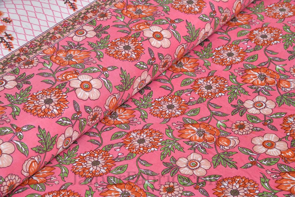 Floral Bouquette Pink Boota Border Pure Cotton Double BedSheet