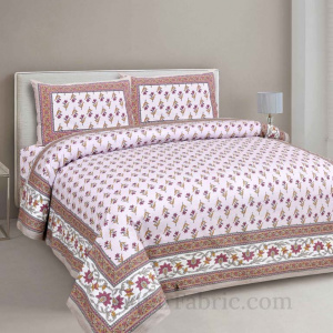 Pink Cotton Buds Beige Creeper Border Pure Cotton Double BedSheet