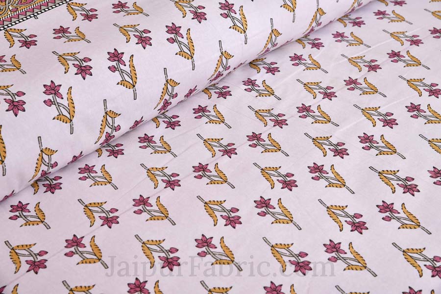 Pink Cotton Buds Beige Creeper Border Pure Cotton Double BedSheet