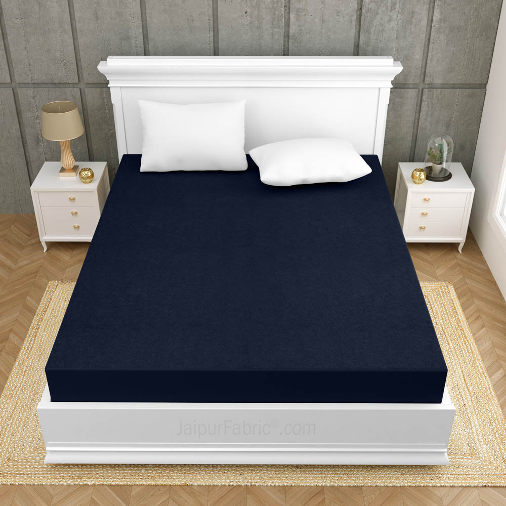 Heavy Quality Navy Blue Terry Cotton Waterproof and Elastic Fitted Water Resistant Ultra Soft Double Mattress Cover