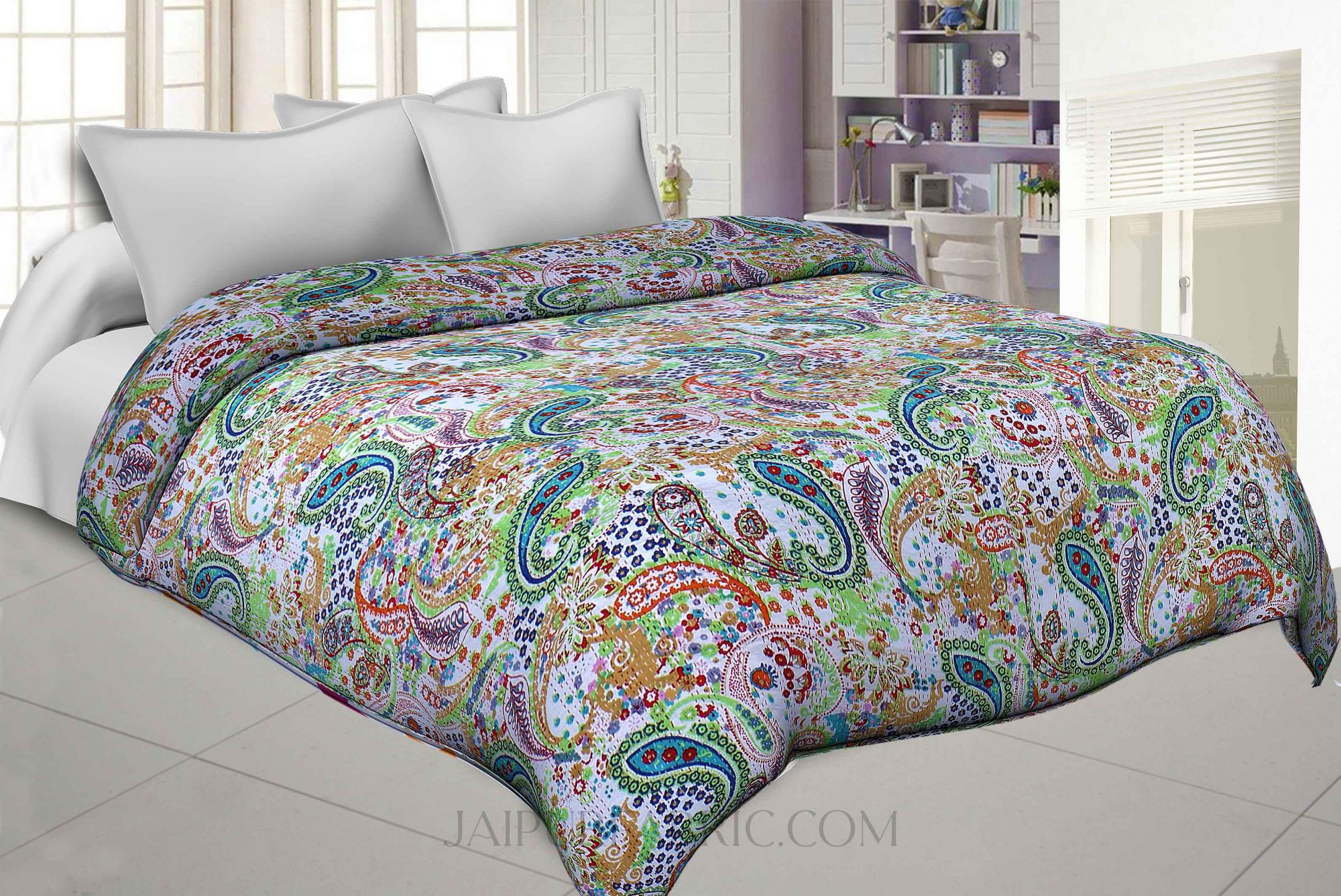 Multi Color Paisley Pattern With Thread Hand Work(Kantha) Gudri ( Bed Cover)