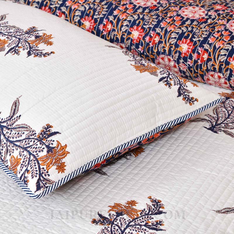 Icy Fresh Floral Print Pure Cotton Reversible Quilted Bedcover with Pillowcases