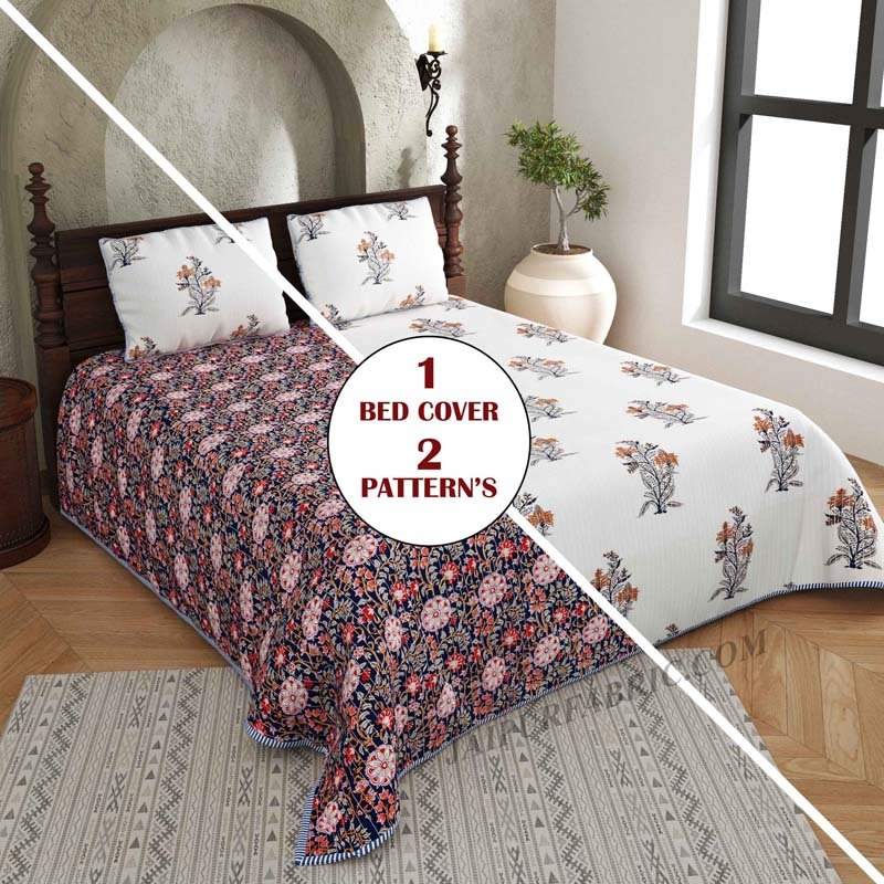 Icy Fresh Floral Print Pure Cotton Reversible Quilted Bedcover with Pillowcases