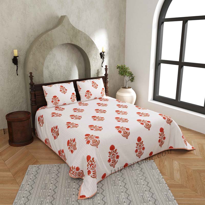 Ornamental Orange Floral  Print Pure Cotton Reversible Quilted Bedcover with Pillowcases