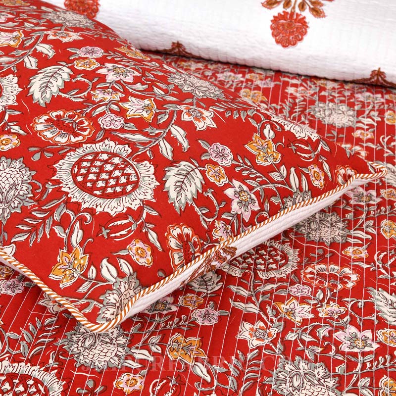 Ornamental Orange Floral  Print Pure Cotton Reversible Quilted Bedcover with Pillowcases
