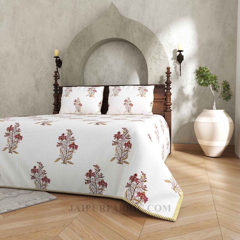 Serene Snowy Floral Print Pure Cotton Reversible Quilted Bedcover with Pillowcases