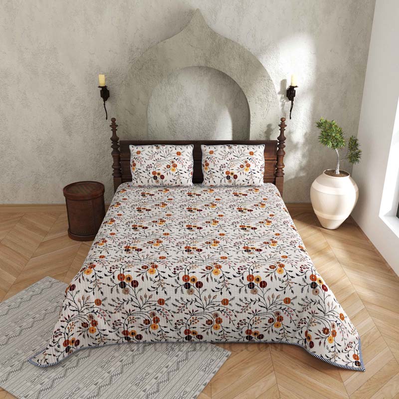 Floral Fiesta Pure Cotton Reversible Quilted Bedcover with Pillowcases