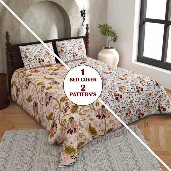 Floral Fiesta Pure Cotton Reversible Quilted Bedcover with Pillowcases