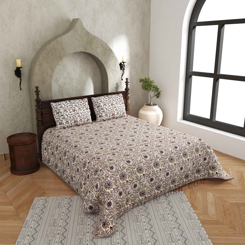 Lotus Carnival Pure Cotton Reversible Quilted Bedcover with Pillowcases