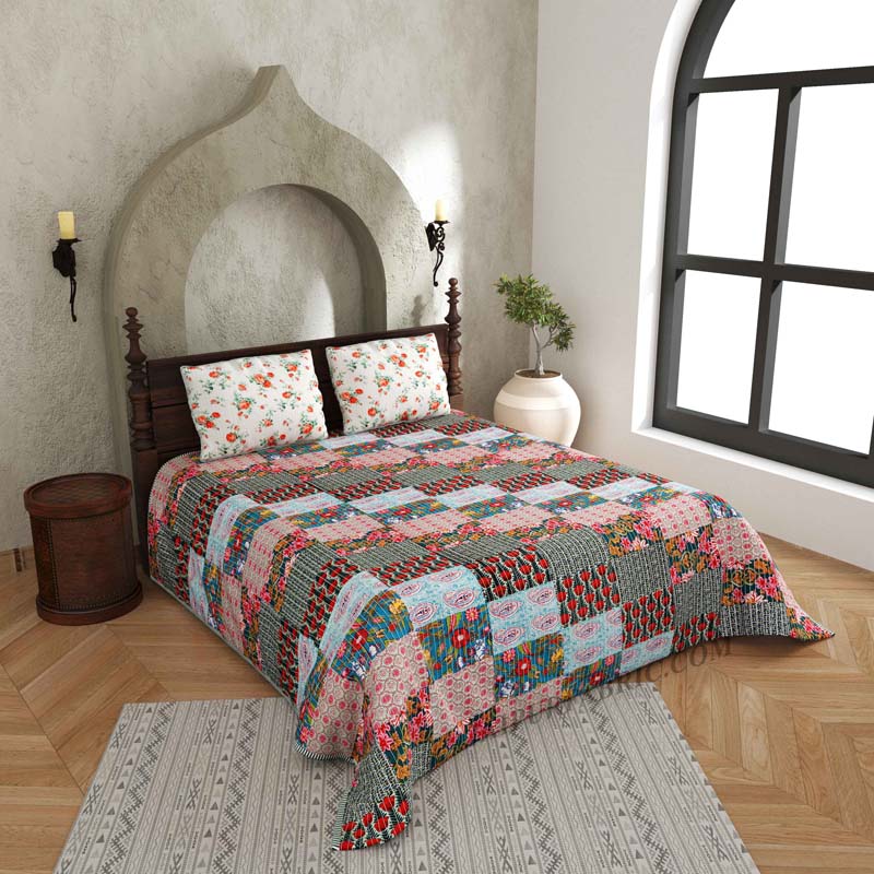 A Royal Glance Pure Cotton Reversible Quilted Bedcover with Pillowcases