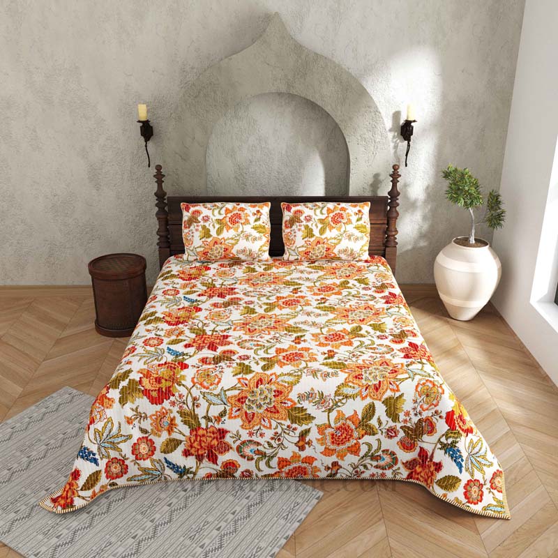 The Festive Grace Pure Cotton Reversible Quilted Bedcover with Pillowcases