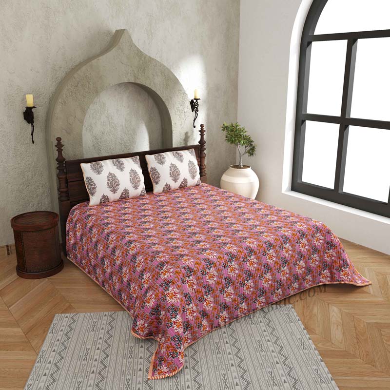 Fab & Floral Pure Cotton Reversible Quilted Bedcover with Pillowcases