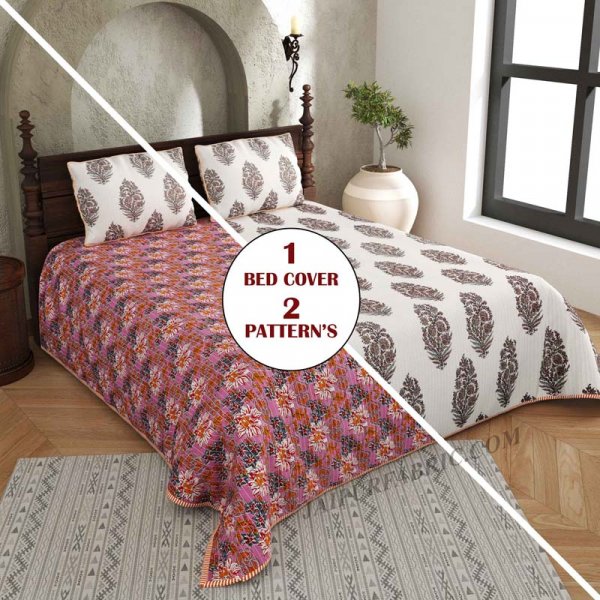 Fab &amp; Floral Pure Cotton Reversible Quilted Bedcover with Pillowcases