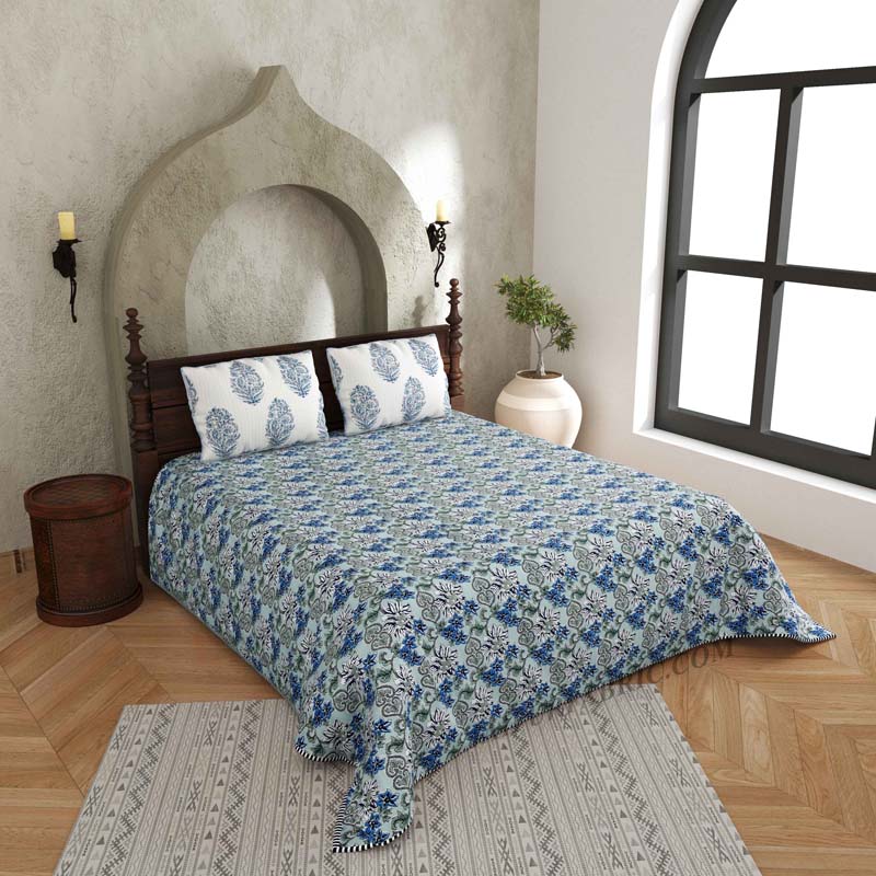The Classic Combo Pure Cotton Reversible Quilted Bedcover with Pillowcases