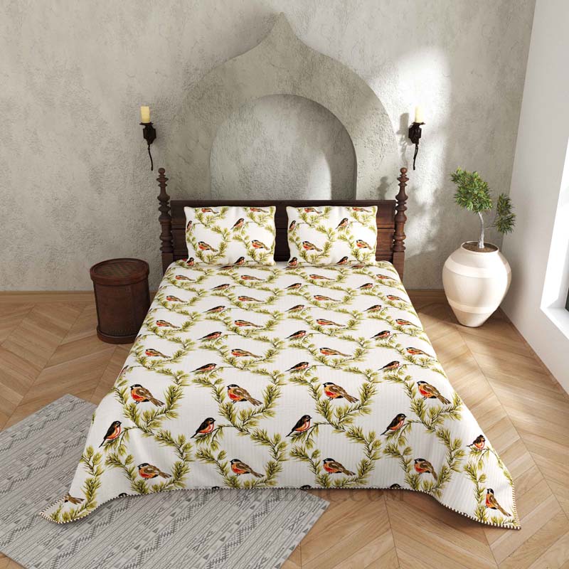 The Nature's Pose Pure Cotton Reversible Quilted Bedcover with Pillowcases