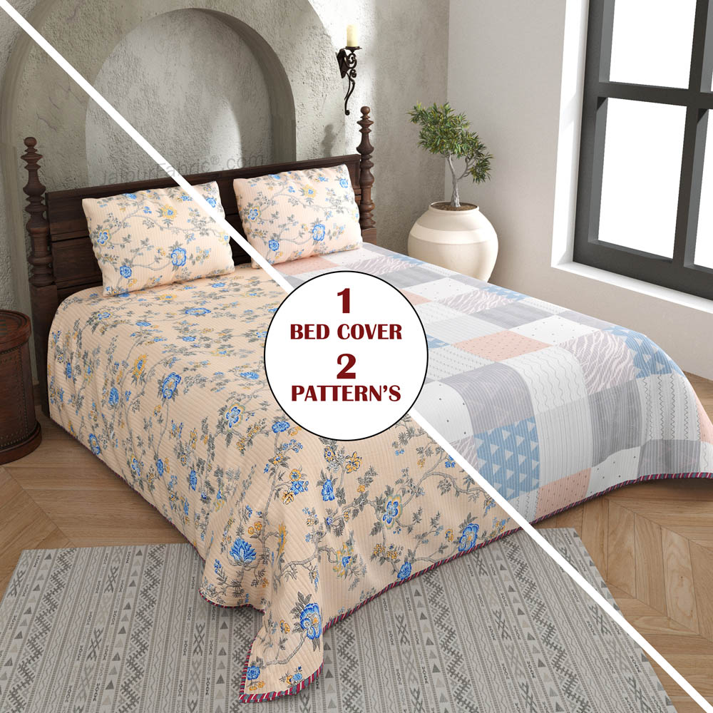 A Peaceful Glimpse Pure Cotton Reversible Quilted Bedcover with Pillowcases